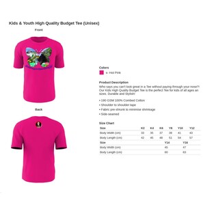 Puede incluir: Una camiseta rosa para niños con un gráfico de mariposa. La camiseta está hecha de algodón peinado 100% de 190 GSM y tiene cinta de hombro a hombro. La tabla de tallas muestra las medidas en centímetros para las tallas K2 a Y16.