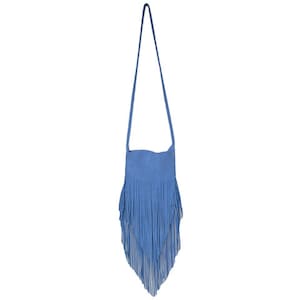 Bolso de piel estilo boho con flecos, bolso bandolera azul, cartera de ante con flecos