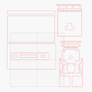 May include: A red line drawing of a woodworking project plan for a rectangular box with a slot in the top and a circular cutout on the side. The plan includes measurements in inches.