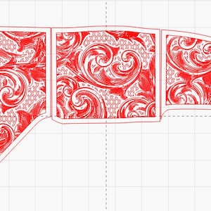 May include: A red and white patterned fabric design with a swirling pattern. The design is divided into three sections, with the left section being a triangle, the middle section being a rectangle, and the right section being a curved shape.