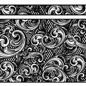 May include: A detailed black and white scrollwork pattern. The design features swirling leaves and floral motifs, with an engraved effect. The pattern is set against a dark background, creating a high-contrast visual.