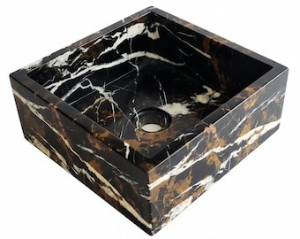 Black Gold Marble Basin, Square Handmade Bathroom Sink, Natural Stone Vessel Sink, Luxury Countertop Wash Basin, 31cm Vanity Sink