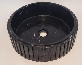Fluted Black & Gold Marble Round Basin