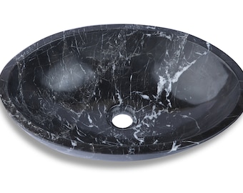 Natural Stone Marble Oval Shape Basin Counter Top Bathroom Sink in Black & White Marble