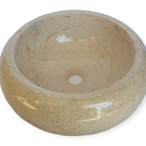 Natural Stone Marble Round Shape Handmade Basin Counter Top Bathroom Sink in Beige Marble