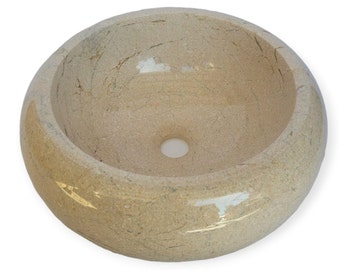 Natural Stone Marble Round Shape Handmade Basin Counter Top Bathroom Sink in Beige Marble