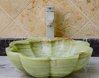 Handmade Green Onyx Flower Basin Sink - High-Gloss Bathroom Vessel