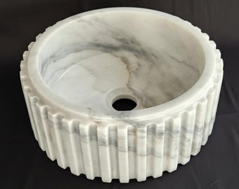 Vasque à poser cannelée en marbre de Carrare, vasque ronde en pierre naturelle pour salle de bain