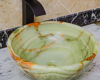Handmade Green Onyx Round Basin Sink: High-Gloss Bathroom Vessel