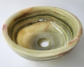 Green Onyx Basin, Round Onyx Vessel Sink, Handmade Natural Stone Wash Basin, Green Bathroom Vanity Sink