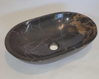 Natural Stone Marble Oval Shape Basin Counter Top Bathroom Sink in Black & Gold Marble