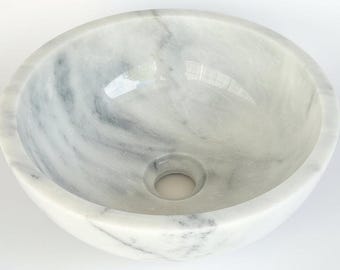 Carrara Marble Basin, Round Marble Vessel Sink, Handmade White Grey Stone Wash Basin, Natural Stone Bathroom Vanity Sink