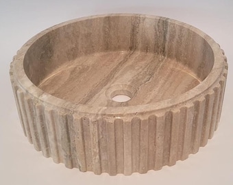 Fluted Travertine Round Basin with Flat Base
