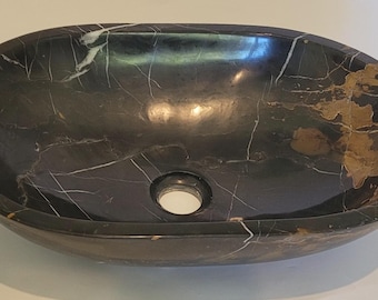 Natural Stone Marble Oval Shape Basin Counter Top Bathroom Sink in Black & Gold Marble