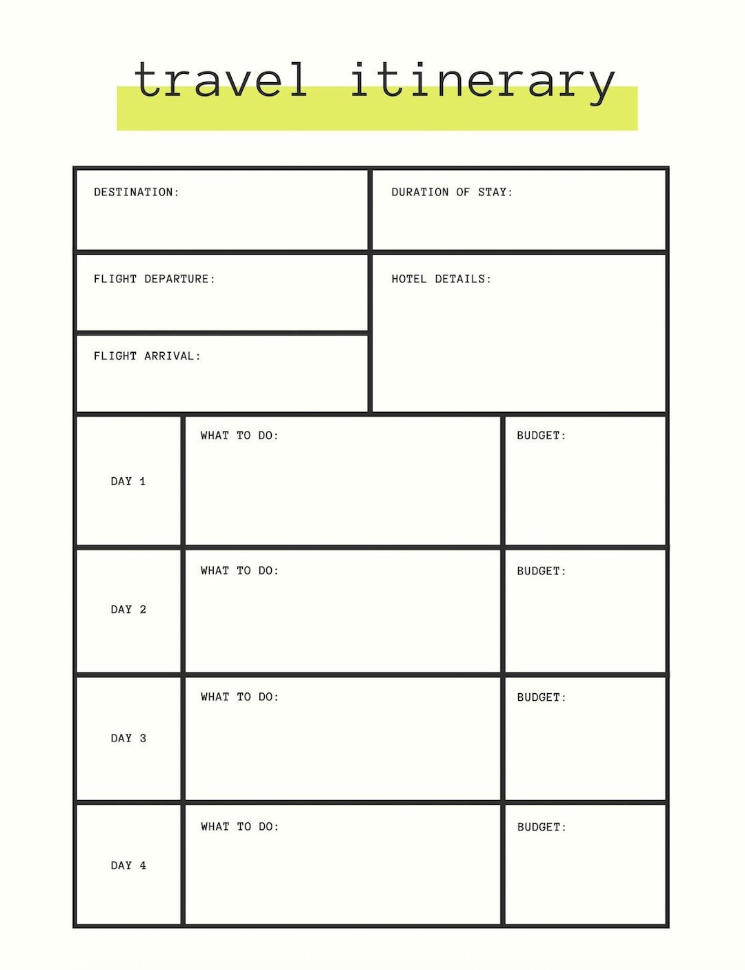 Travel Itinerary Printable Download Organizational Tool Etsy