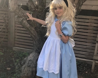 Vestido de Alicia en el País de las Maravillas: Disfraz azul para niña, traje de diseñador hecho a mano