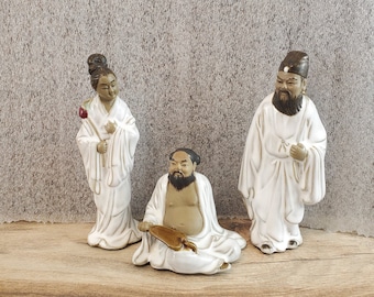 Vintage Set of 3 Chinese Mud Man Woman Figures Figurine 5" and under ~~ Glazed Pottery Hand Made in  Wan Jiang China