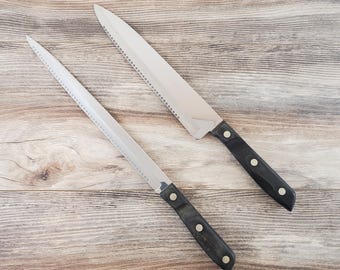 2 Vintage Zylco Freeze Knives #95 and #96 10 1/2" & 9" Blades ~ Made in USA ~ Black Wood Handle ~ Stainless Steel Blade ~~ Riveted Full Tang