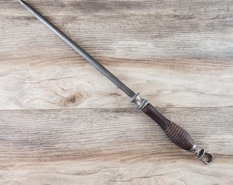 Vintage Sharpening Rod with Ribbed Wood Handle & Hanging Loop ~ Primitive Country Farmhouse Decor ~~  18" Total Length with Handle