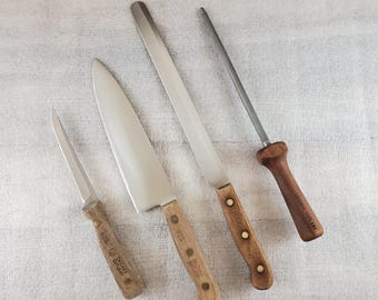 Chicago Cutlery ~ 4pc Set ~ 62S Slicing Knife, 42S Chef Knife & RBIOS Carving / Bread Knife w Honing Rod ~~ Wood Handles, Full Tang, Riveted