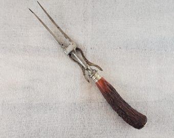 Vintage JA Henckels Germany ~ 11" Stag Handle Meat Fork with Rest ~ Made in Germany ~~ Well USED