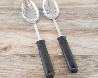 Ekco Set of (2) 12" Slotted Serving Spoons ~~ Chromium Plated w Black Plastic Textured Grip Handles