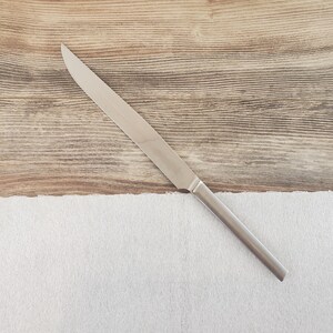 May include: A stainless steel knife with a long, slender blade and a matching handle. The knife is positioned diagonally against a backdrop of light brown wood and white fabric, suggesting a culinary or dining context.