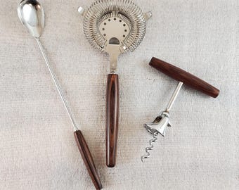 Cocktail Bar Strainer, Drink Stirrer, Corkscrew ~  Ekco & Unbranded ~ Stainless with Beautiful Wood Handle ~~ Home Barware MCM