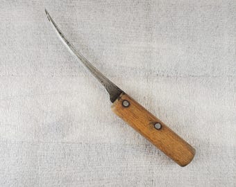 Vintage 5 7/8" Curved Carbon Steel Scimitar Blade Knife (Total Length 10 1/2") ~ Wood Handle ~ Handmade USA ~~ Rustic Farmhouse Photo Prop