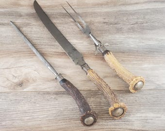 Landers Frary & Clark and Lee's Meat Carving Set ~ Genuine Stag Handles with Ornate Sterling Ferrule Collars and Ends ~~ Antique Late 1800s