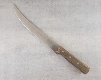 R H Forschner Co Victorinox ~ 9 3/4" Stainless Steel Scimitar Curved Blade ~ Made in Switzerland ~~ Wood handle w some damage see photos