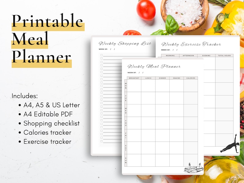 Meal Planner Printable | Food Tracker | Exercise Tracker | Shopping ...