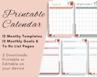 Printable calendar | Printable Calendar Undated | Editable Monthly Calendar | Calendar 2022 | Calendar 2023 | Monthly Calendar Printable PDF
