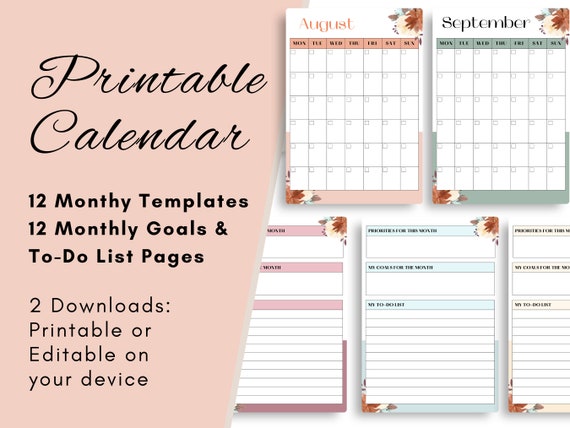 Printable Calendar Printable Calendar Undated Editable - Etsy