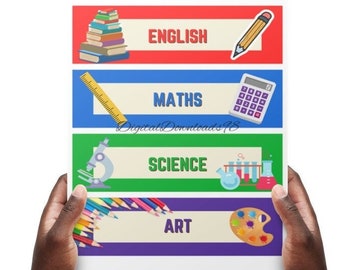 8 Subject Labels, A4 sheet, Back To School Labels, Instant Digital Download, Printable Labels, School Labels, Organisation, Subject Labels