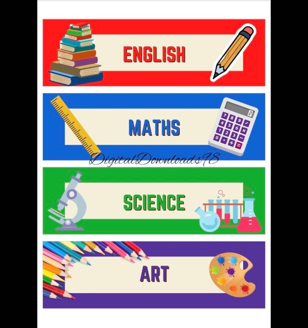 8 School Subject Labels A4 Sheet School Labels Instant Digital Download ...
