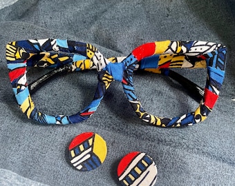 Conjunto de montura sin lentes y aretes de botón de tela africana/afro color pop