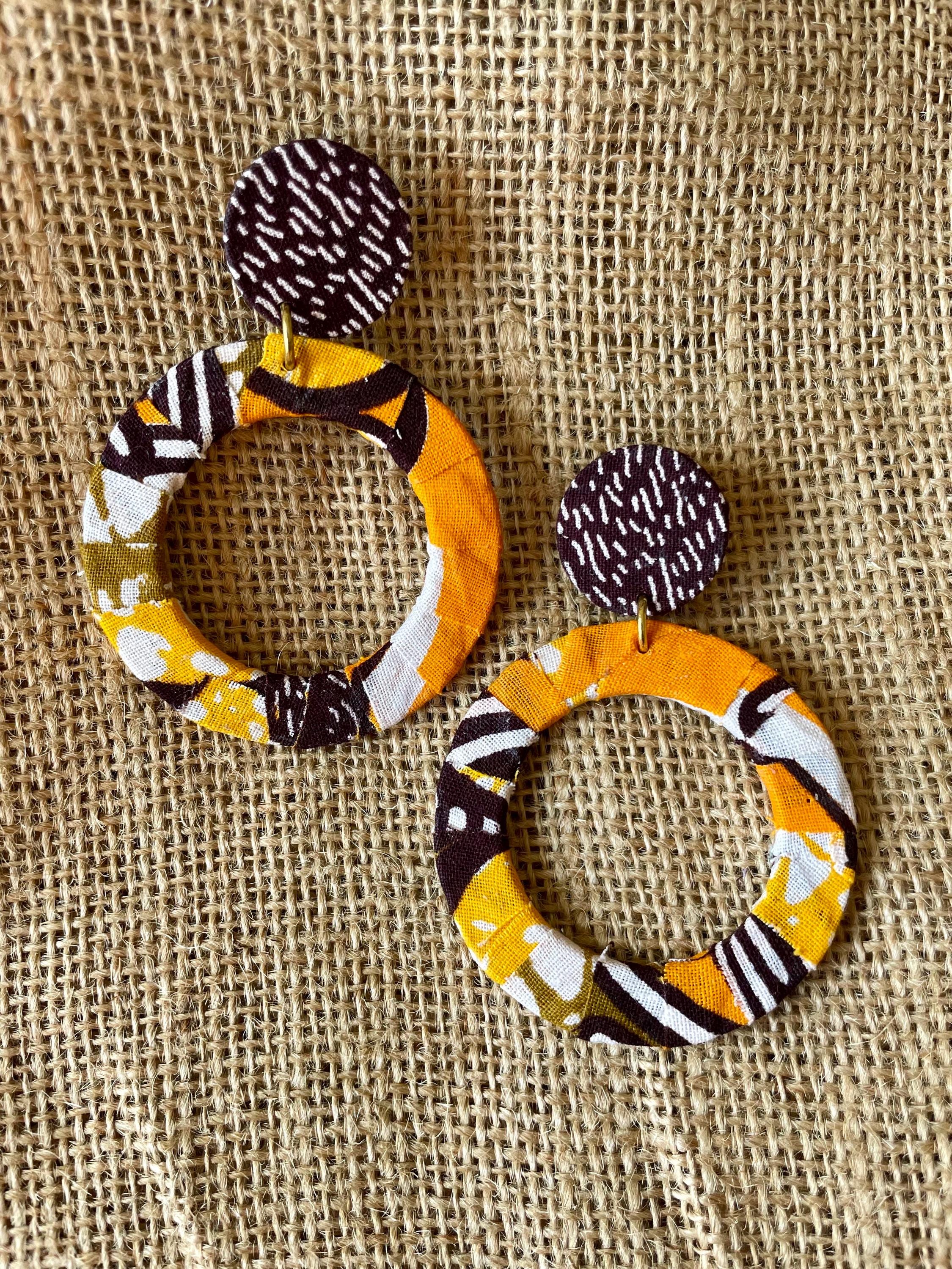 Fabric Wrapped Dangle Hoop-Shades of Yellow and Browns