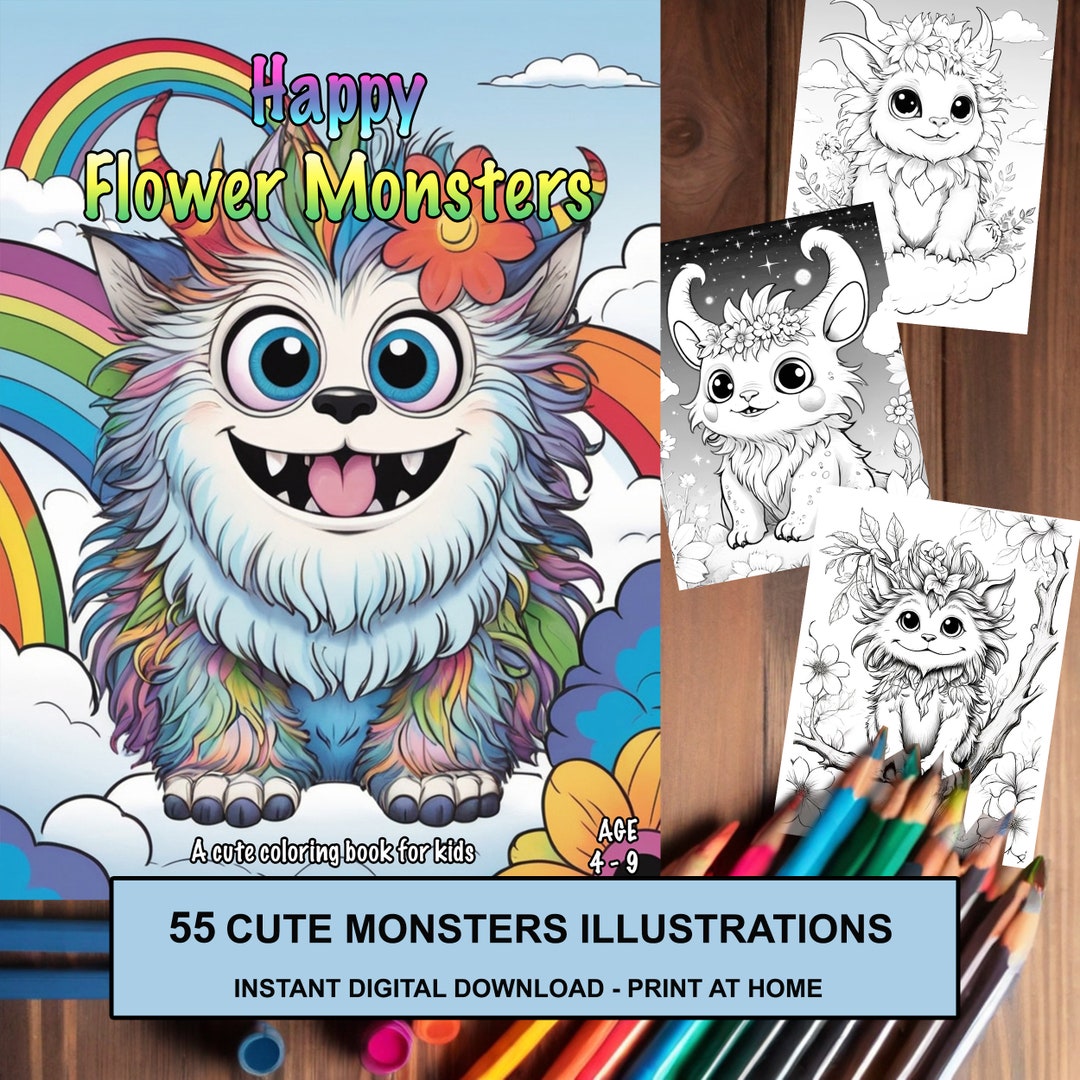 55 Illustrations to Color in HAPPY FLOWER MONSTERS Cute Animals ...