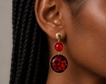 Handmade Red and Black Resin Floral Earrings