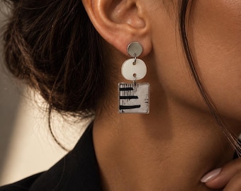 Black and White Resin Drop Earrings, Mismatched Geometric Pair, Handmade