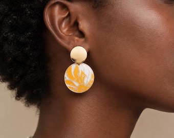 Floral Paper Resin Earrings, Round Gold Drop, Pressed Botanical Design
