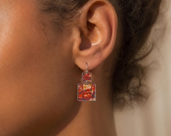 Purple - Red Resin Drop Earrings, Geometric Gold Frame, Artistic Statement