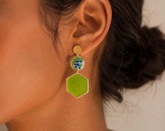 Green Geometric Resin Earrings | Handmade Statement Jewelry | Original Lively Design