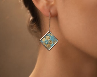 Small Geometric Resin Earrings, Customizable Color, Gold Wire Drop