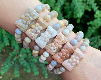 Carved Bow Tie Fossil Coral Beaded Gemstone Bracelet - Handmade Stretch Bracelet - Gemstone Healing Bracelet - Crystal Bead Bracelet