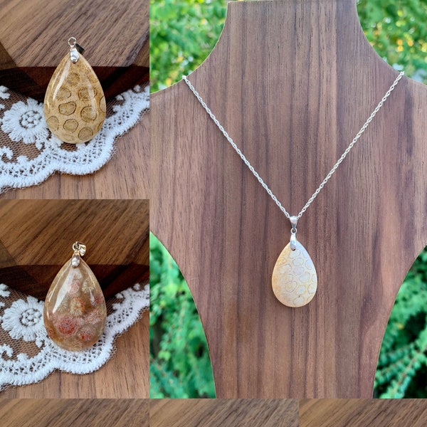 Fossil Coral Teardrop Pendant - Gemstone Pendant - Cabochon Pendant - 925 Silver Pendant - Fossilized coral pendant - For Her - For Mother
