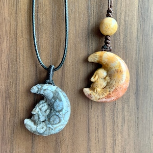 Custom Carved Bunny On The Moon Fossil Coral Necklace & Phone Accessory - Rabbit Phone Charm - Adjustable Moon Pendant Necklace