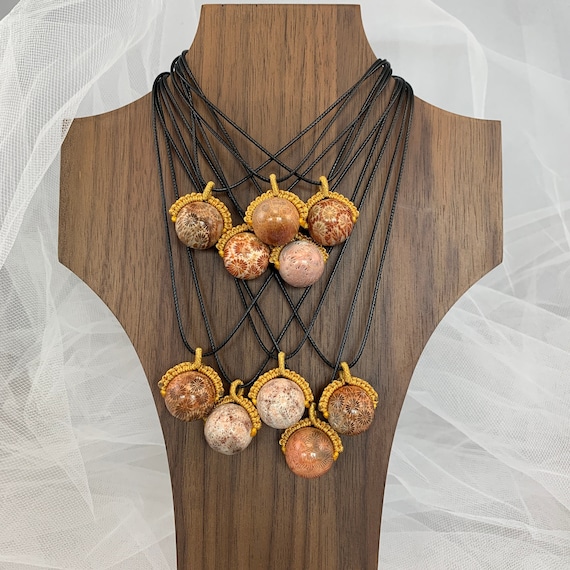 Fossil Coral 16mm Bead Adjustable Cord Necklace - Natural Stone Pendant - Gemstone Necklace - choker necklace for women