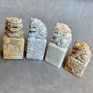 Hand Carved Fossil Coral PIXIU Seal - Stone Seal Carving - Stone Seal Stamp